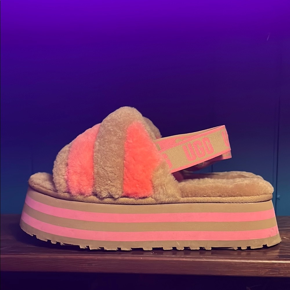 UGG Fluffy Pink and Tan Platform Sandals